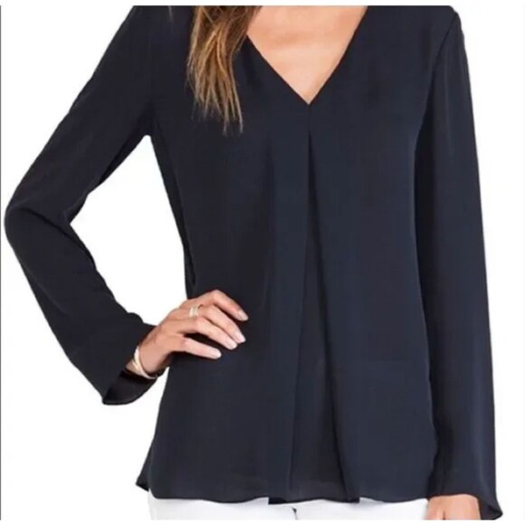 Theory Trent 100% Silk Black V-Neck Front Pleat Blouse Top Size Large Georgette - Picture 1 of 10